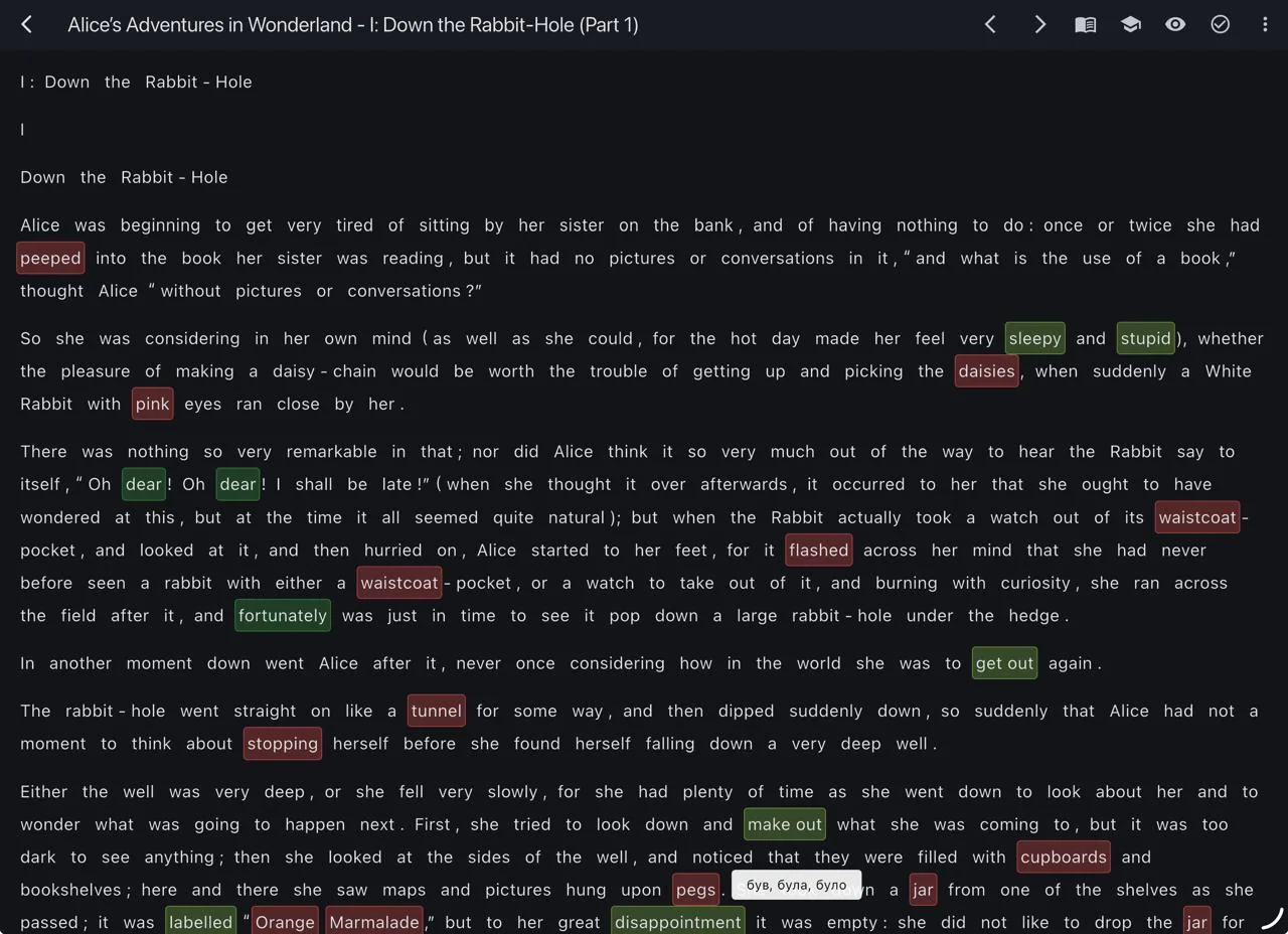 LNT reader showing an Alice in Wonderland chapter with words highlighted by learning status and a translation popup